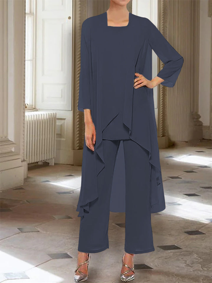 Ankle Length Mother of the Bride Pantsuits with Jacket in Chiffon Round Neck and 3/4 Sleeves