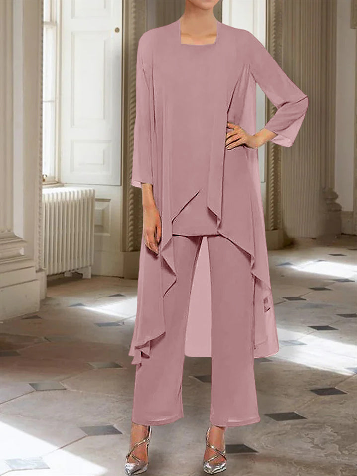 Ankle Length Mother of the Bride Pantsuits with Jacket in Chiffon Round Neck and 3/4 Sleeves