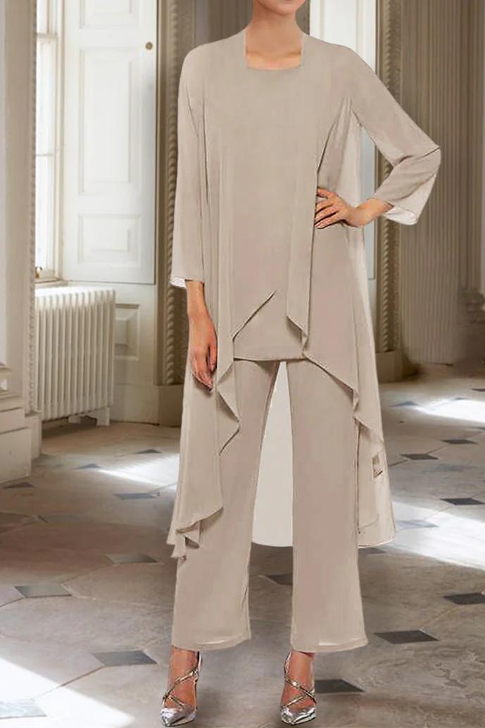 Ankle Length Mother of the Bride Pantsuits with Jacket in Chiffon Round Neck and 3/4 Sleeves