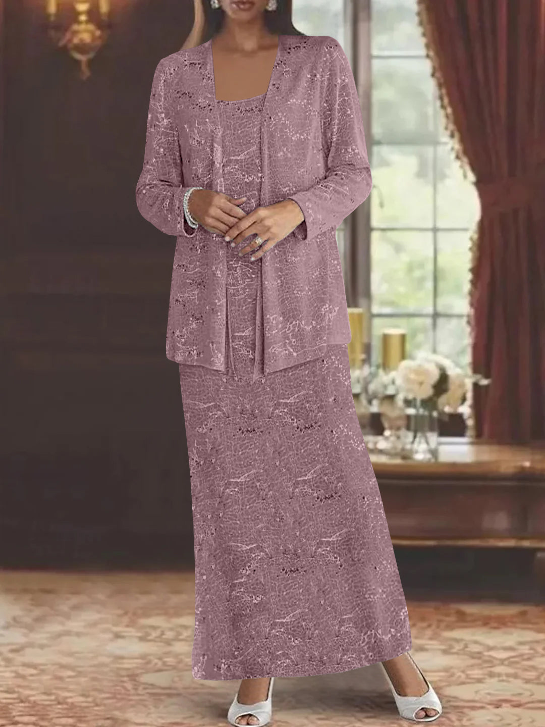 Ankle length Chiffon Mother of the Bride Dress with Sequins and Jacket