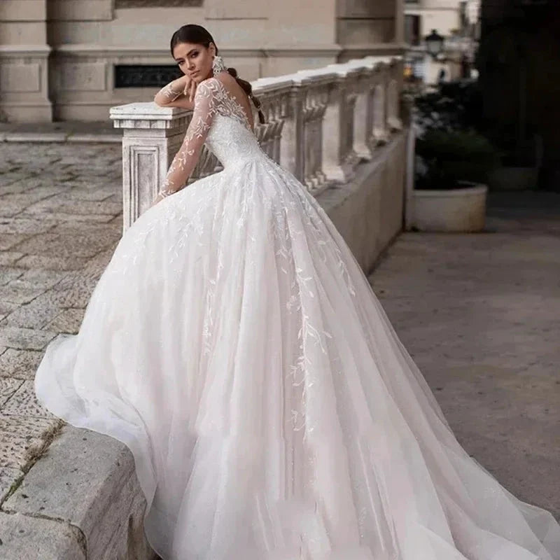 Appliques Vestido De Noiva Deep V-neck Vestidos De Novia Long Sleeves Wedding Dresses Lace Robe De Mariée (ZD14030)