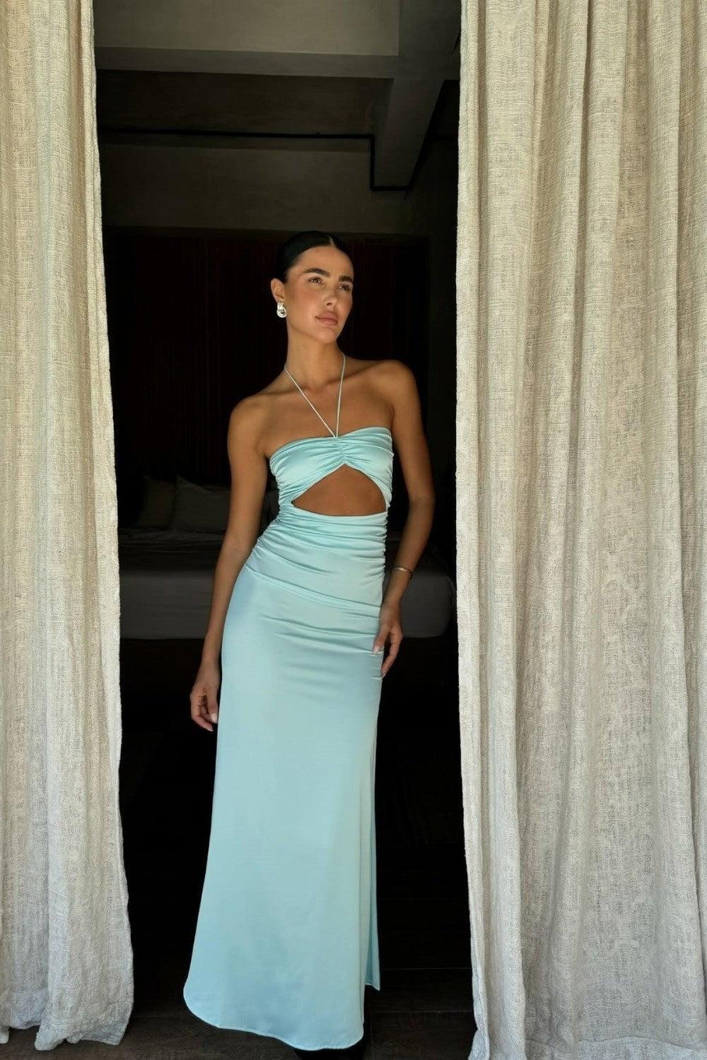 Aqua Blue Bodycon Prom Dress Strapless Design With Waist Cutout Formal Evening Gown