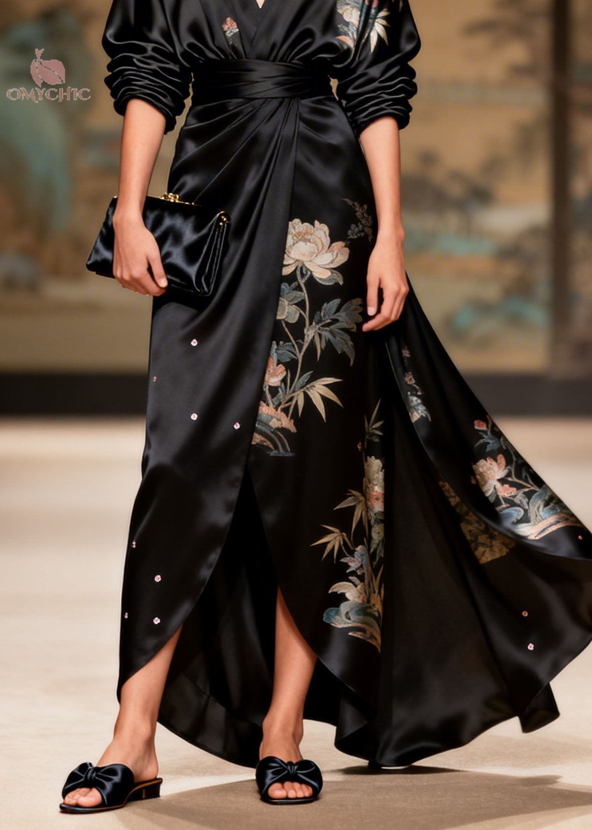 Art Black V Neck Asymmetrical Design Print Sequins Silk Dresses Summer