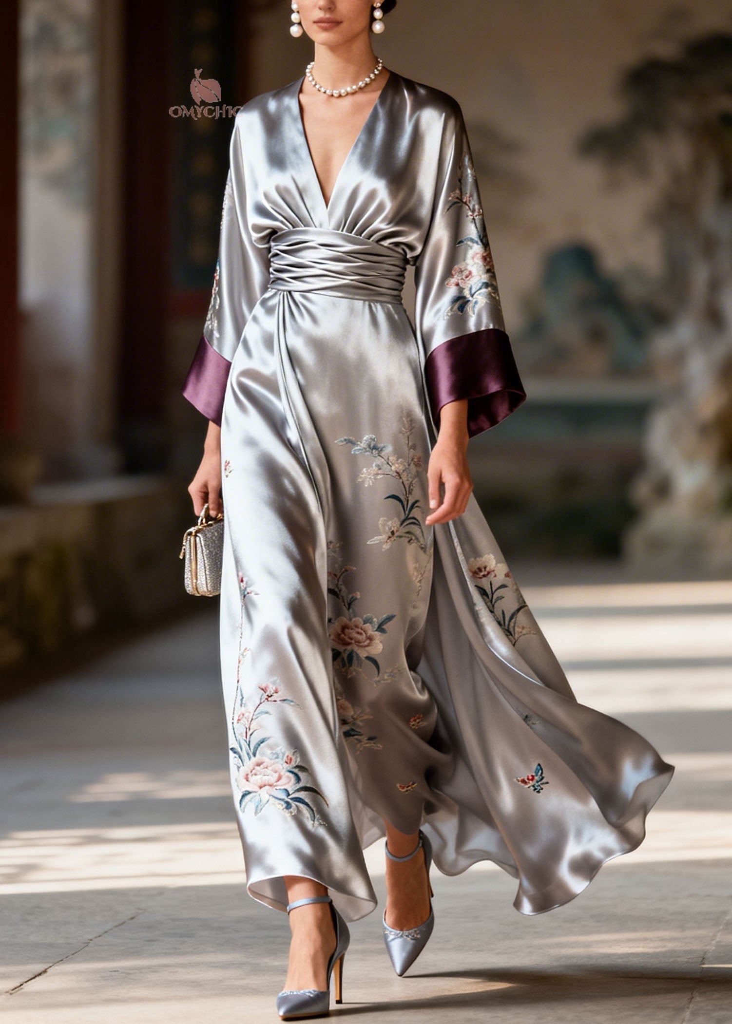 Art Colorblock V Neck Print Patchwork Silk Dresses Summer