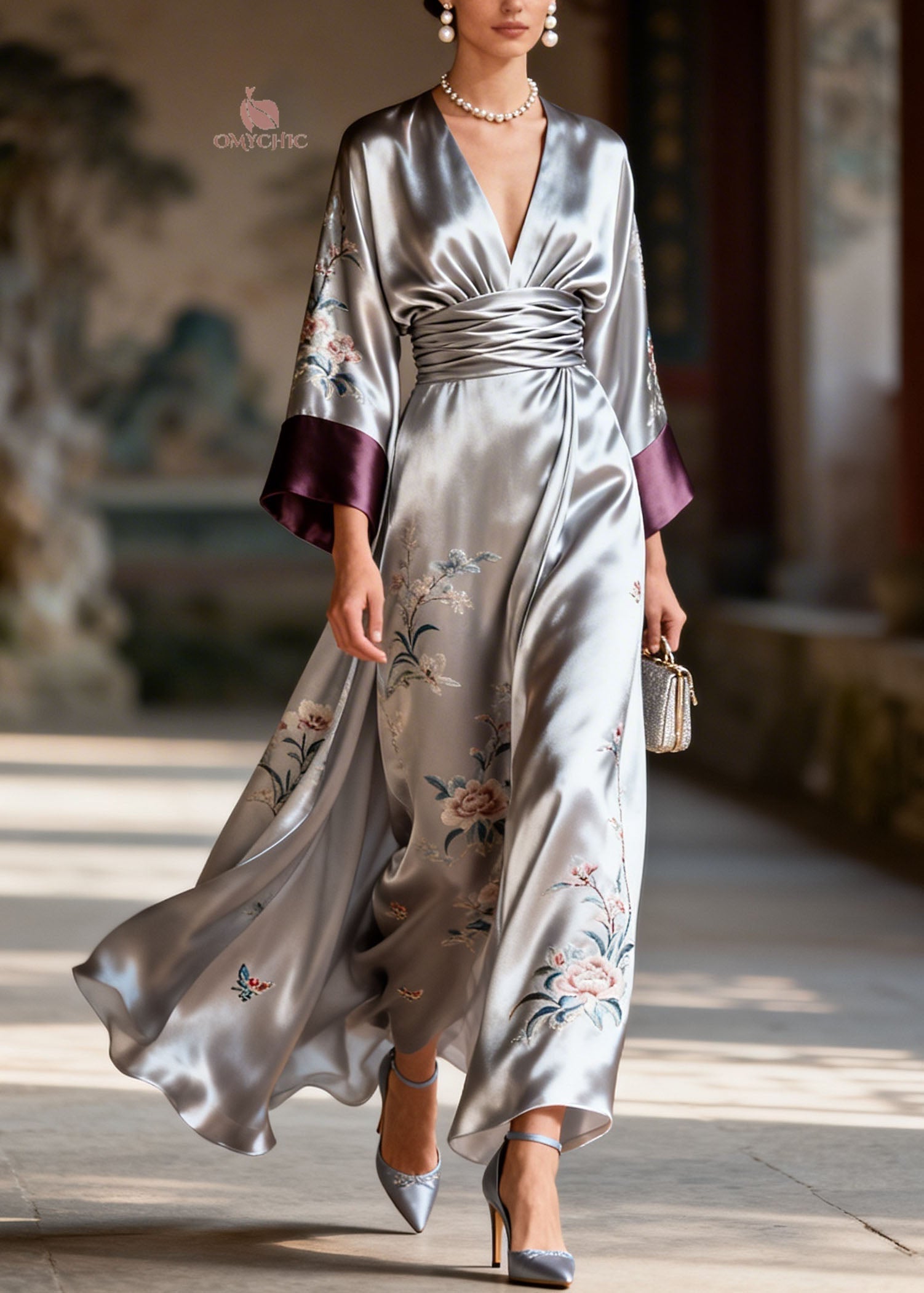 Art Colorblock V Neck Print Patchwork Silk Dresses Summer