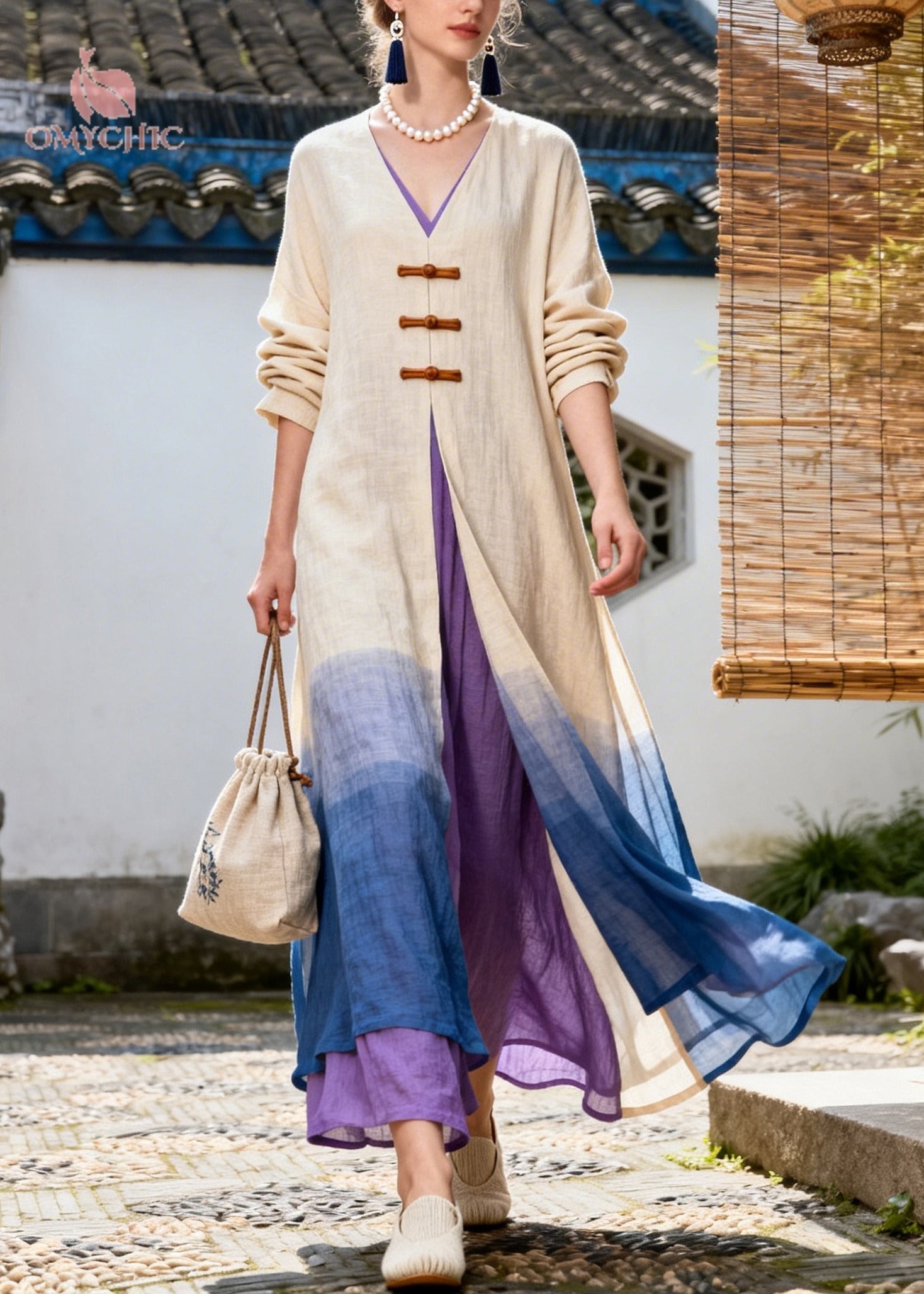 Art Gradient Color Side Open Chinese Button Cotton Dress Long Sleeve