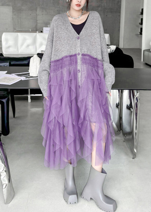 Art Grey Ruffled Tulle Patchwork Knit Cardigan Dress Spring