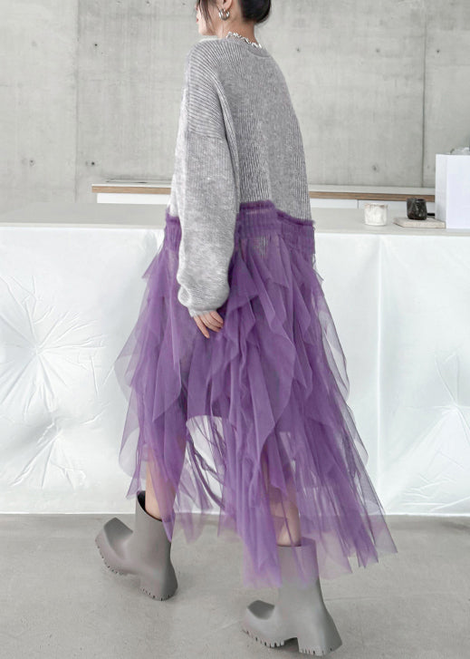 Art Grey Ruffled Tulle Patchwork Knit Cardigan Dress Spring