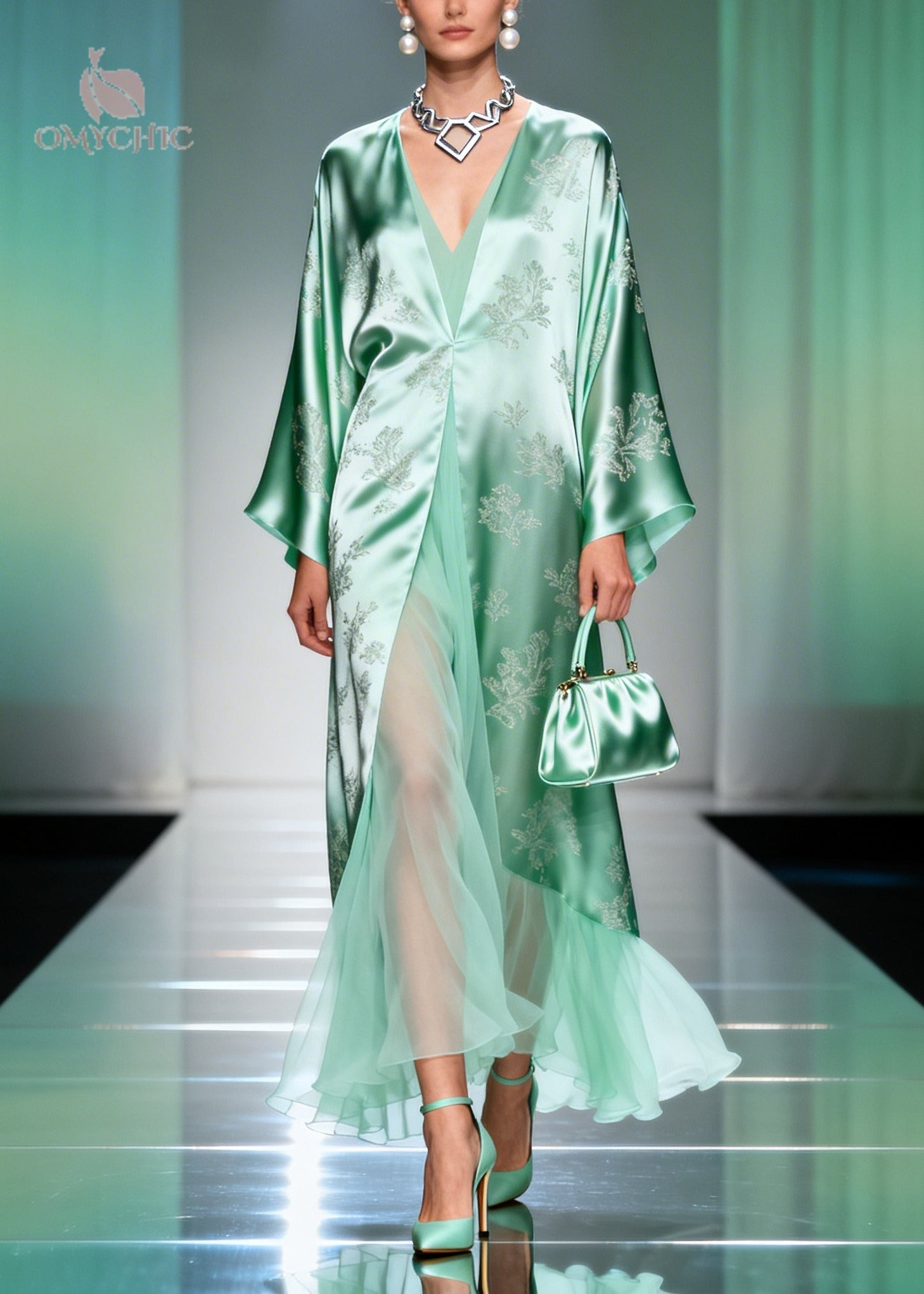 Art Lake Green Jacquard Patchwork Tulle Silk Long Dresses Spring