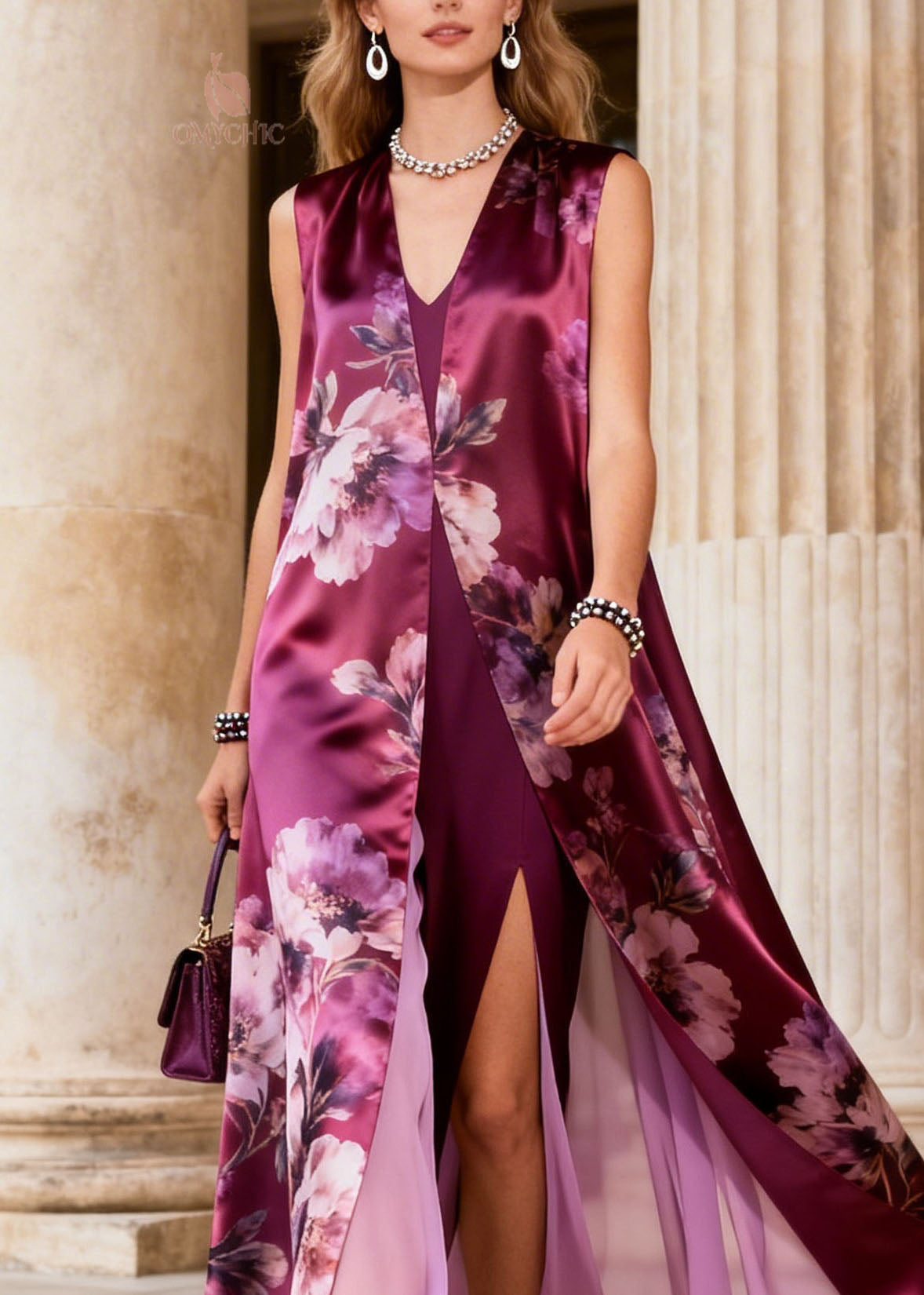 Art Purple V Neck Print False Two Pieces Chiffon Dresses Sleeveless