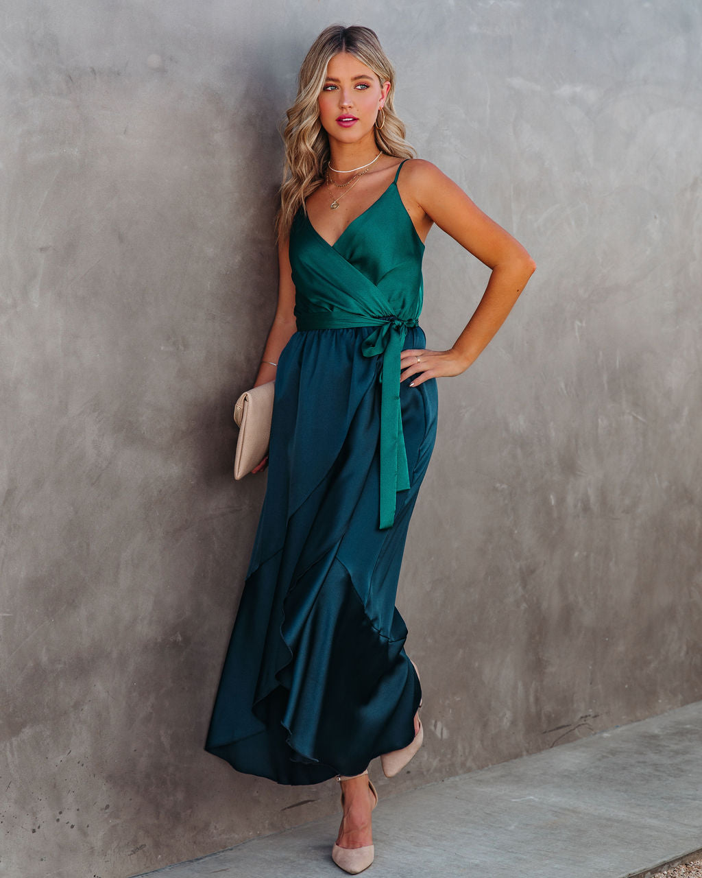 Ansley Satin Colorblock High Low Maxi Dress Green Navy