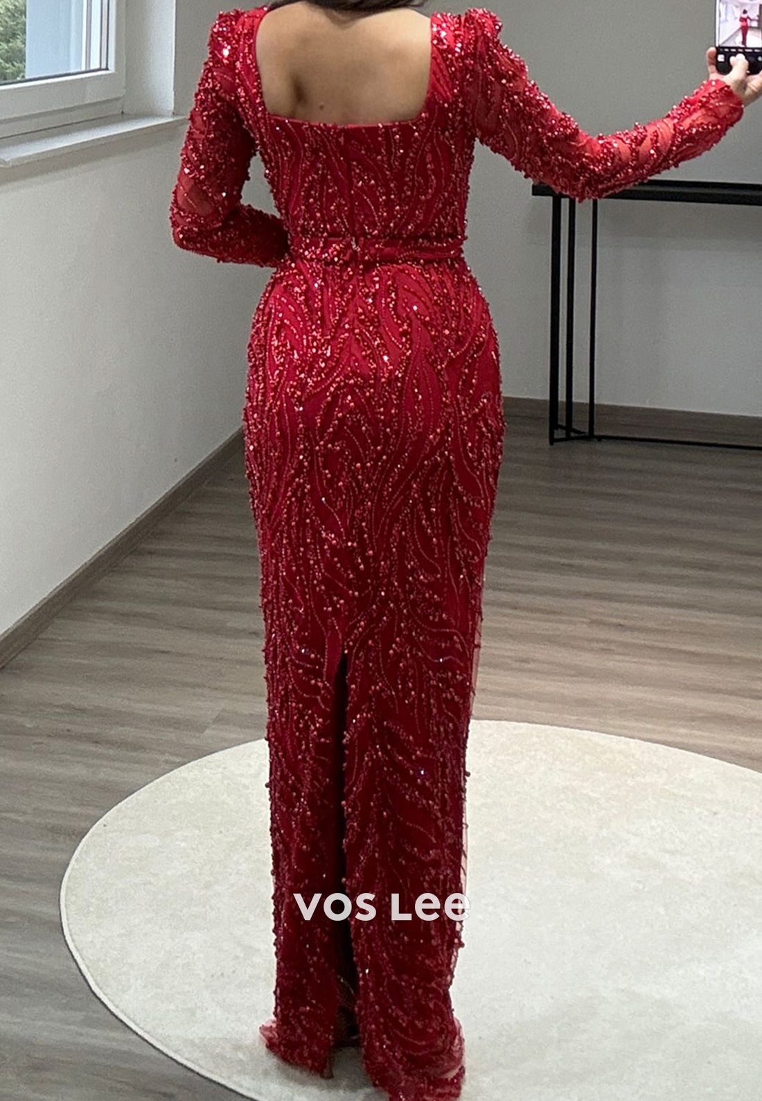 Full Beaded Square Evening Dress Long Sleeves Sheath Formal Party Gown - View 7 | VelvetHem
