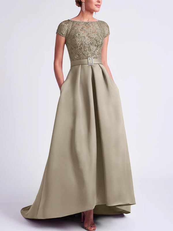 Asymmetrical A Line Mother of the Bride Dress with Scoop Neck and Short Sleeves