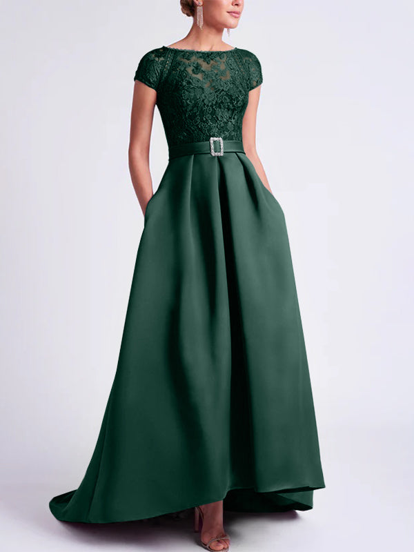 Asymmetrical A Line Mother of the Bride Dress with Scoop Neck and Short Sleeves