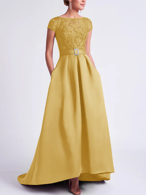Asymmetrical A Line Mother of the Bride Dress with Scoop Neck and Short Sleeves