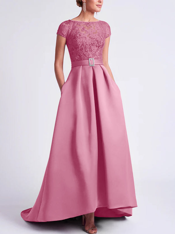 Asymmetrical A Line Mother of the Bride Dress with Scoop Neck and Short Sleeves