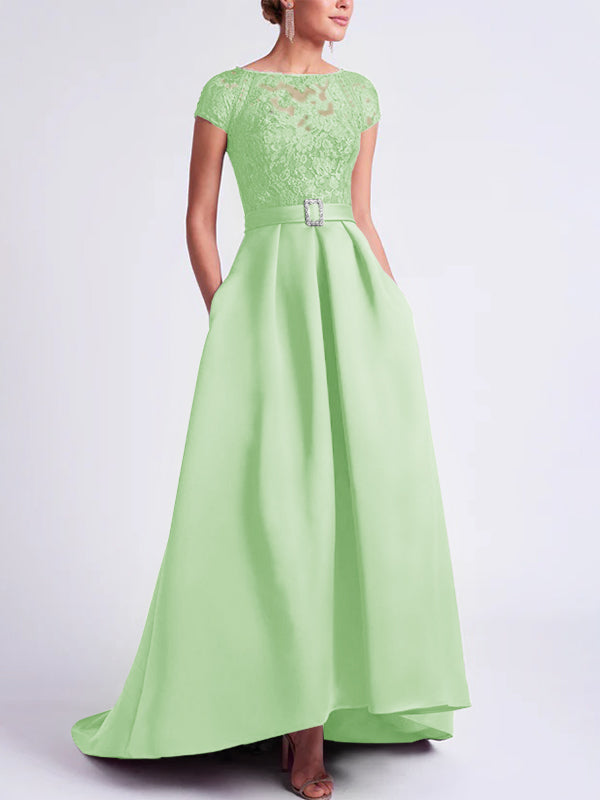 Asymmetrical A Line Mother of the Bride Dress with Scoop Neck and Short Sleeves