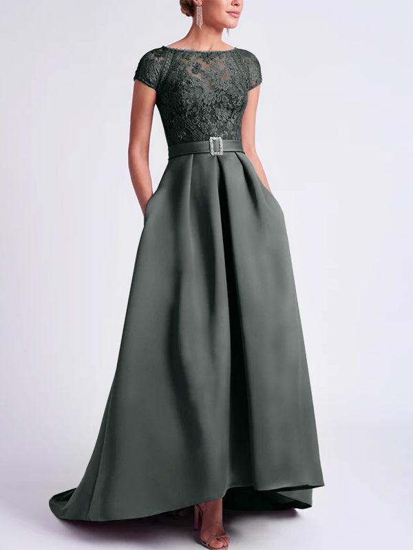 Asymmetrical A Line Mother of the Bride Dress with Scoop Neck and Short Sleeves