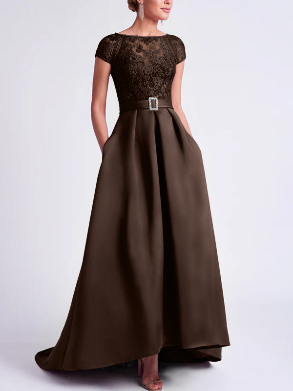 Asymmetrical A Line Mother of the Bride Dress with Scoop Neck and Short Sleeves