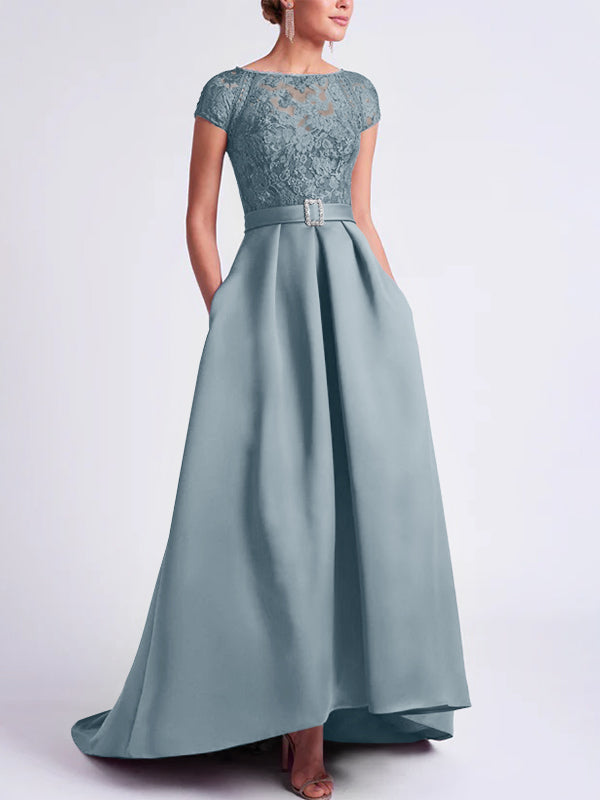 Asymmetrical A Line Mother of the Bride Dress with Scoop Neck and Short Sleeves