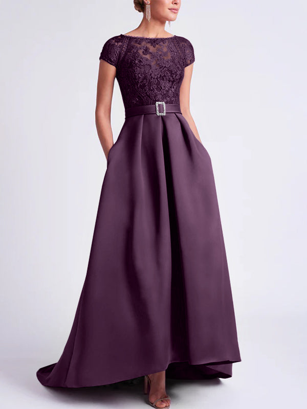 Asymmetrical A Line Mother of the Bride Dress with Scoop Neck and Short Sleeves