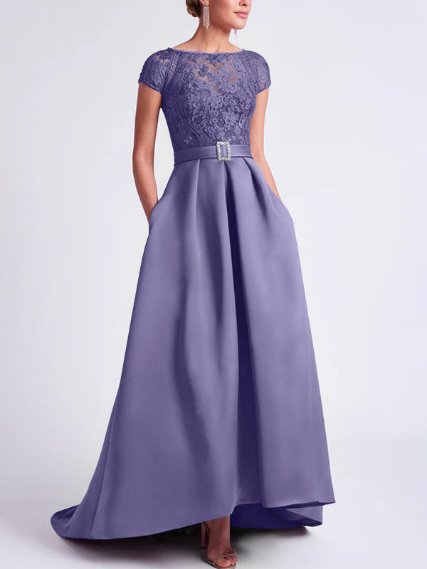 Asymmetrical A Line Mother of the Bride Dress with Scoop Neck and Short Sleeves