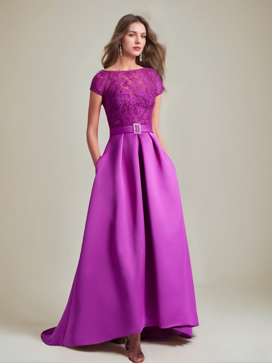 Asymmetrical A Line Mother of the Bride Dress with Scoop Neck and Short Sleeves