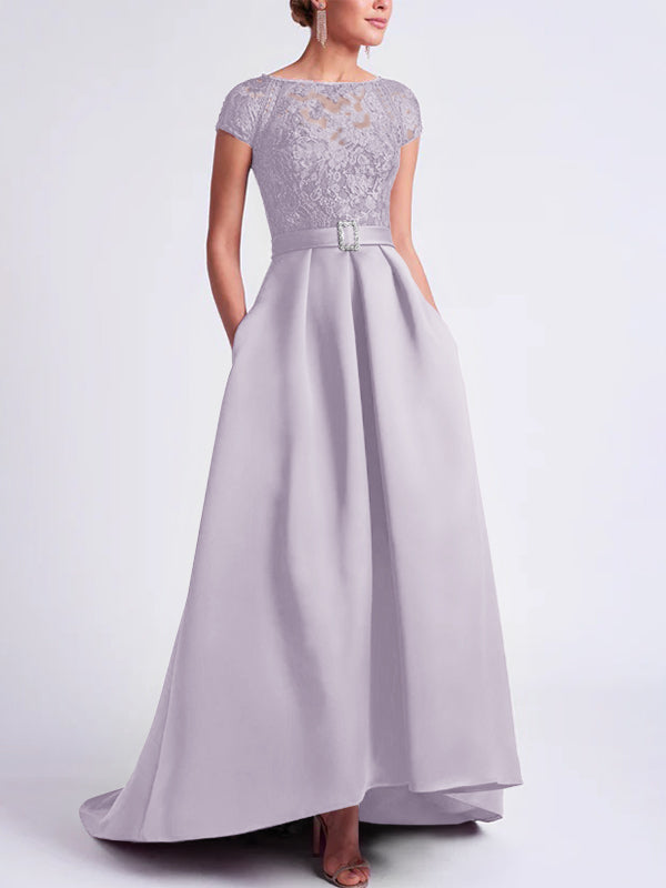 Asymmetrical A Line Mother of the Bride Dress with Scoop Neck and Short Sleeves