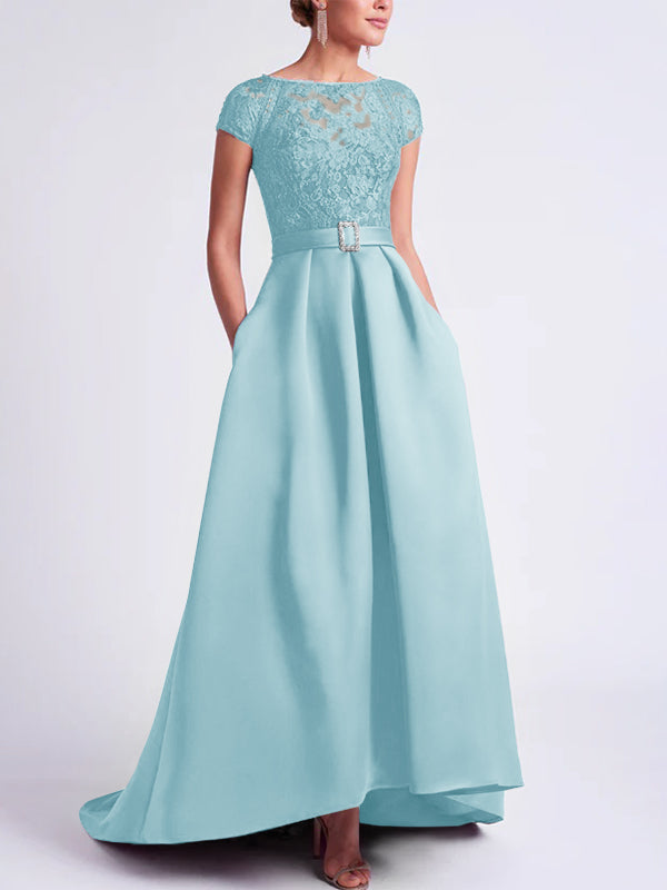 Asymmetrical A Line Mother of the Bride Dress with Scoop Neck and Short Sleeves