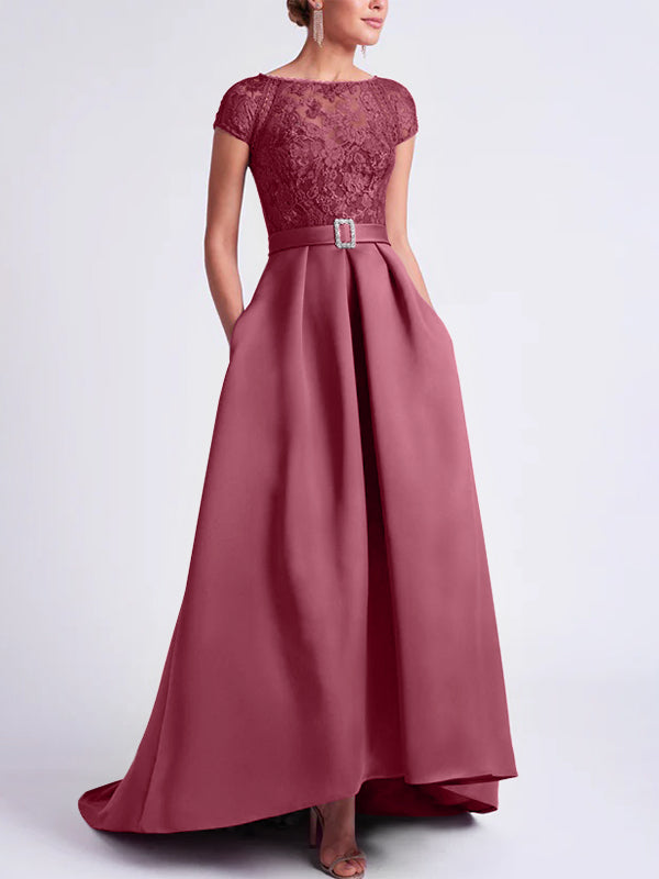 Asymmetrical A Line Mother of the Bride Dress with Scoop Neck and Short Sleeves