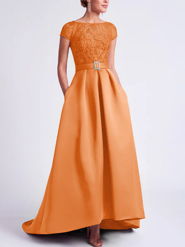 Asymmetrical A Line Mother of the Bride Dress with Scoop Neck and Short Sleeves
