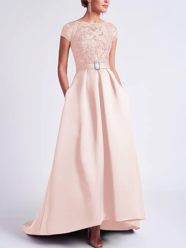 Asymmetrical A Line Mother of the Bride Dress with Scoop Neck and Short Sleeves