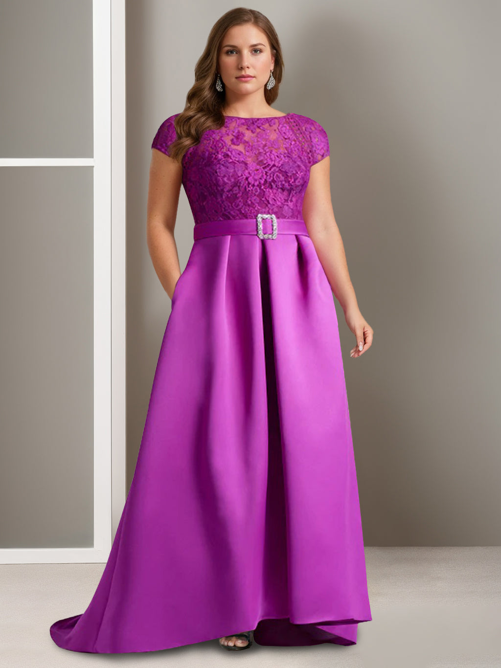Asymmetrical A Line Mother of the Bride Dress with Scoop Neck and Short Sleeves