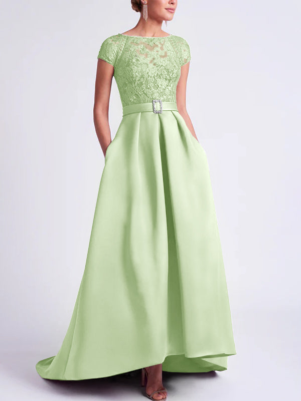Asymmetrical A Line Mother of the Bride Dress with Scoop Neck and Short Sleeves