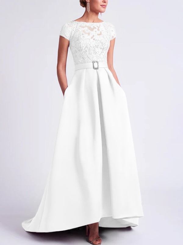 Asymmetrical A Line Mother of the Bride Dress with Scoop Neck and Short Sleeves