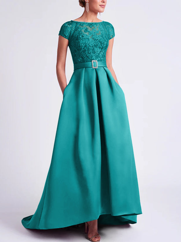 Asymmetrical A Line Mother of the Bride Dress with Scoop Neck and Short Sleeves