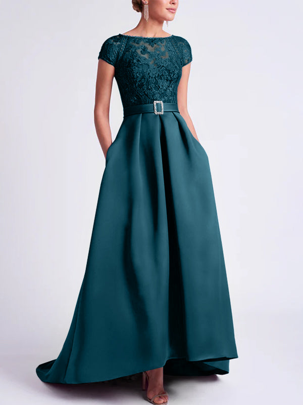 Asymmetrical A Line Mother of the Bride Dress with Scoop Neck and Short Sleeves