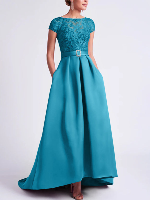Asymmetrical A Line Mother of the Bride Dress with Scoop Neck and Short Sleeves