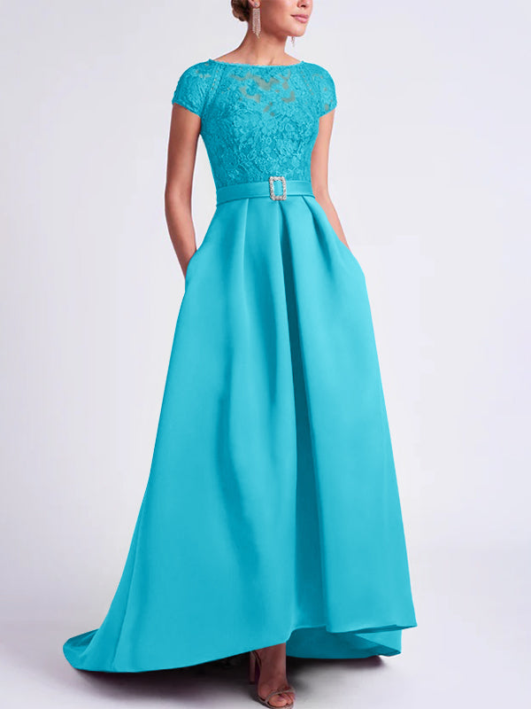Asymmetrical A Line Mother of the Bride Dress with Scoop Neck and Short Sleeves