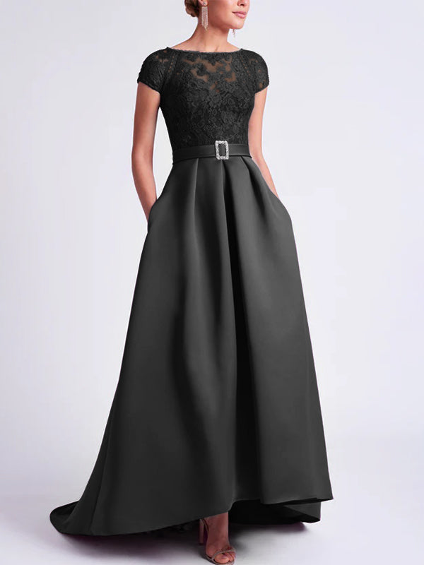 Asymmetrical A Line Mother of the Bride Dress with Scoop Neck and Short Sleeves