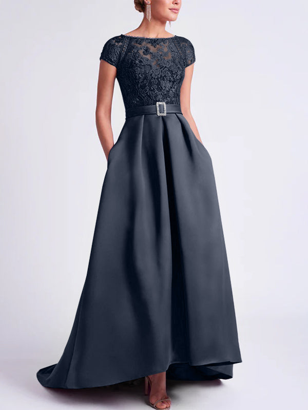 Asymmetrical A Line Mother of the Bride Dress with Scoop Neck and Short Sleeves