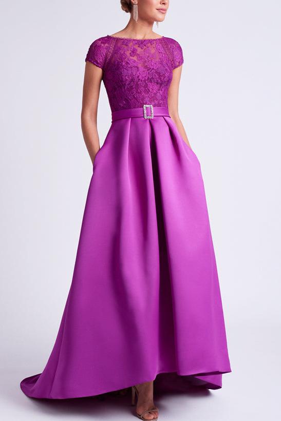 Asymmetrical A Line Mother of the Bride Dress with Scoop Neck and Short Sleeves