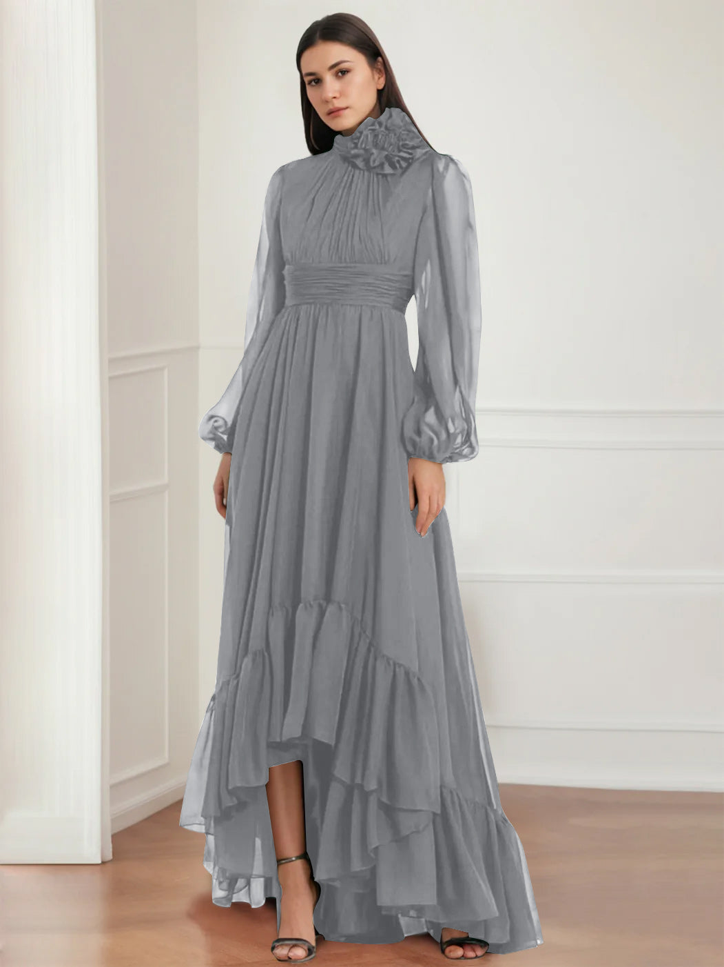Asymmetrical A Line Jewel Neck Gown with Long Sleeves Ruffles & Floral Details