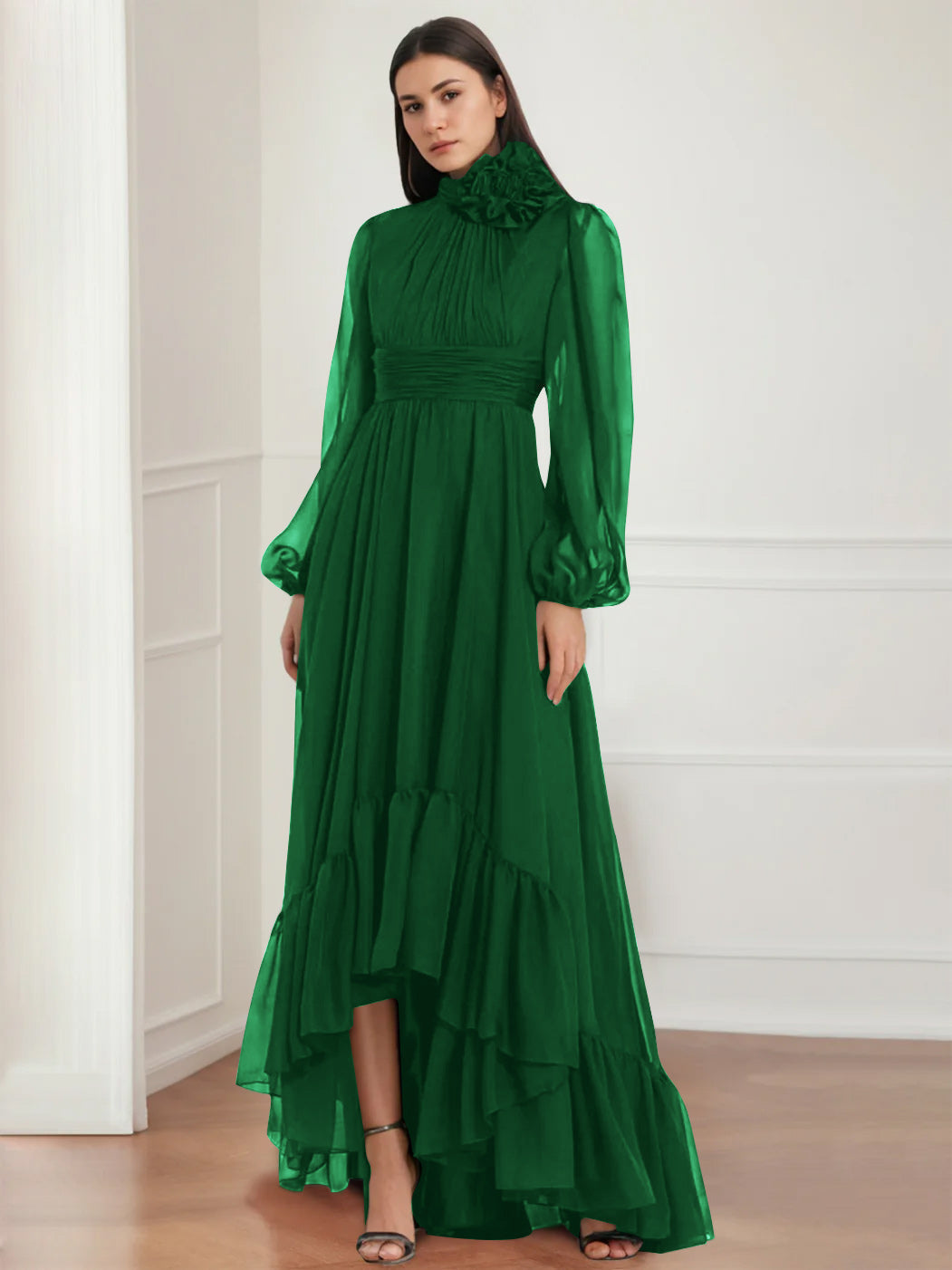 Asymmetrical A Line Jewel Neck Gown with Long Sleeves Ruffles & Floral Details