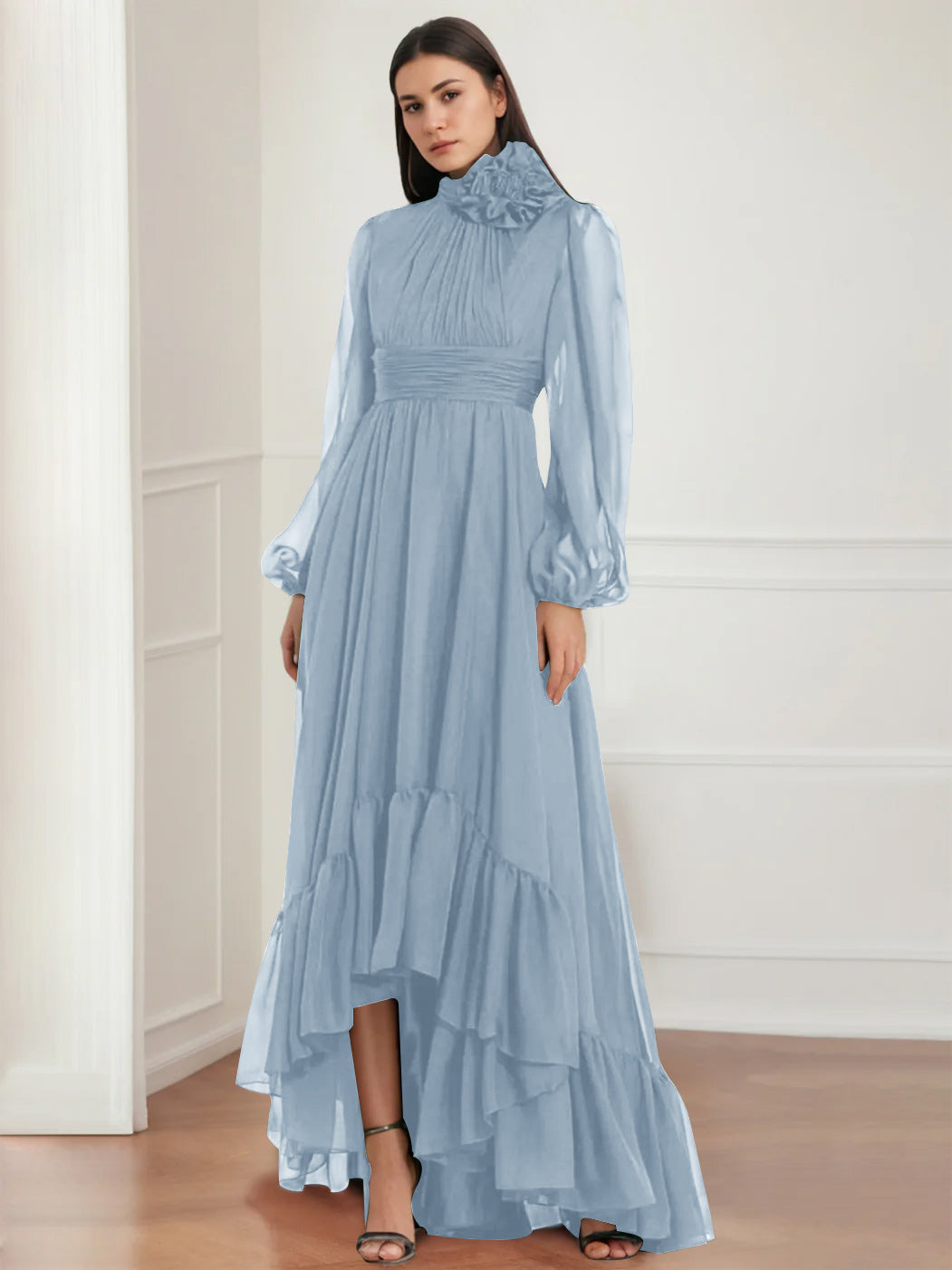 Asymmetrical A Line Jewel Neck Gown with Long Sleeves Ruffles & Floral Details