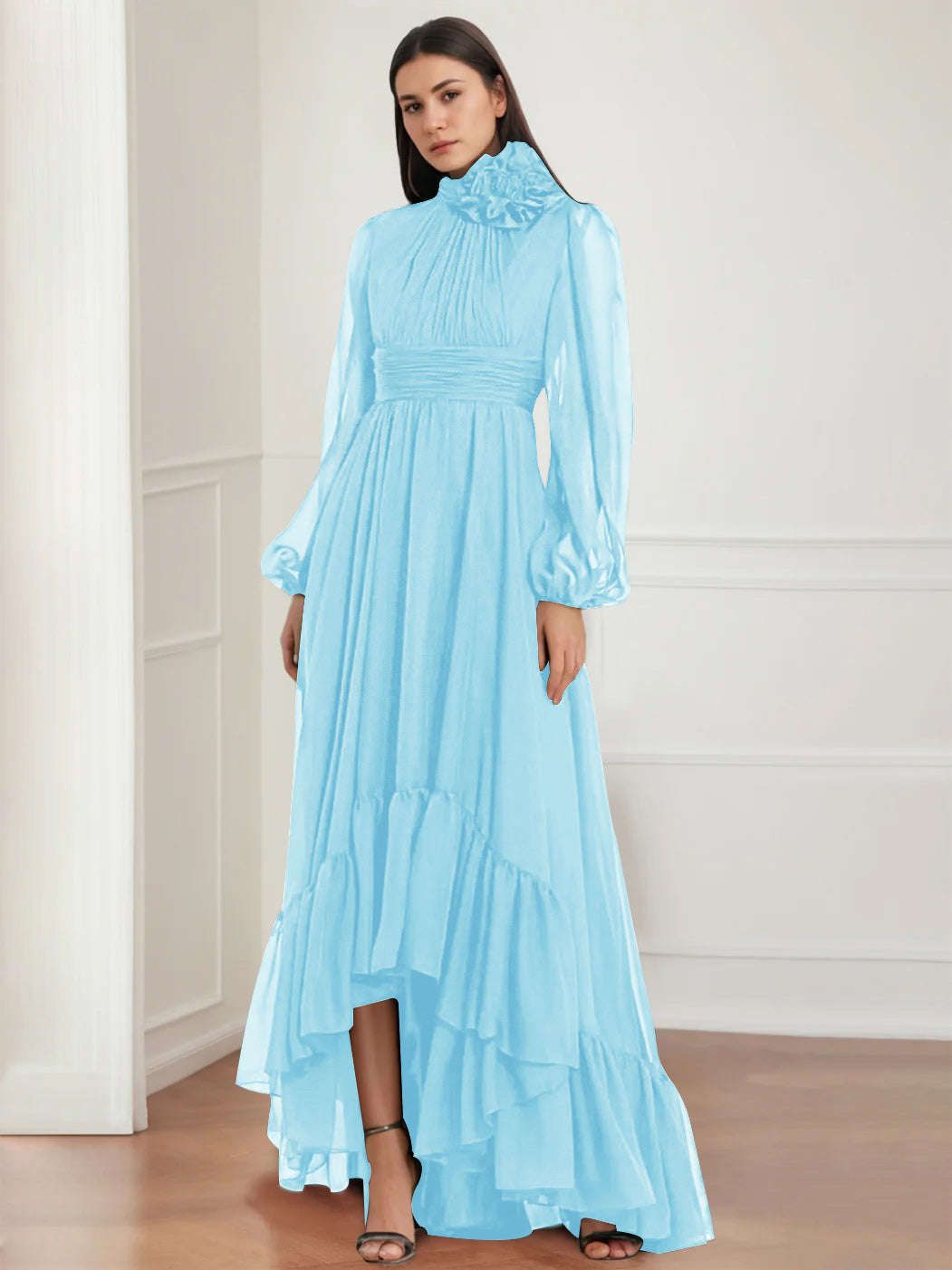 Asymmetrical A Line Jewel Neck Gown with Long Sleeves Ruffles & Floral Details