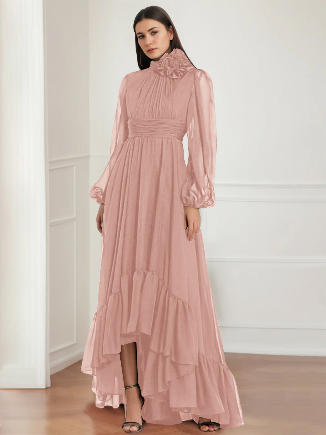 Asymmetrical A Line Jewel Neck Gown with Long Sleeves Ruffles & Floral Details