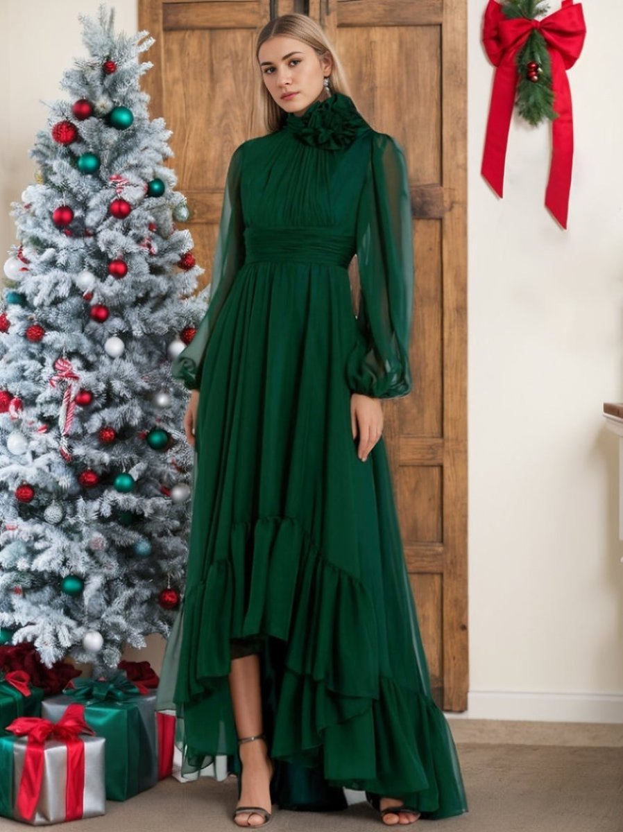 Asymmetrical A Line Jewel Neck Gown with Long Sleeves Ruffles & Floral Details