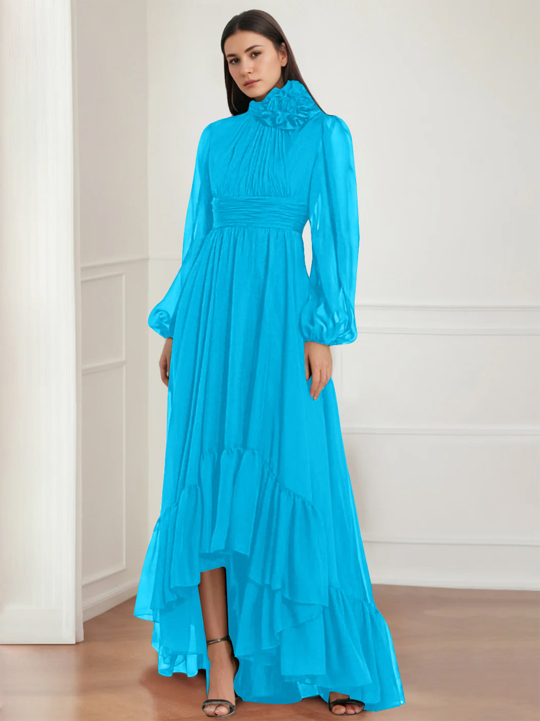 Asymmetrical A Line Jewel Neck Gown with Long Sleeves Ruffles & Floral Details