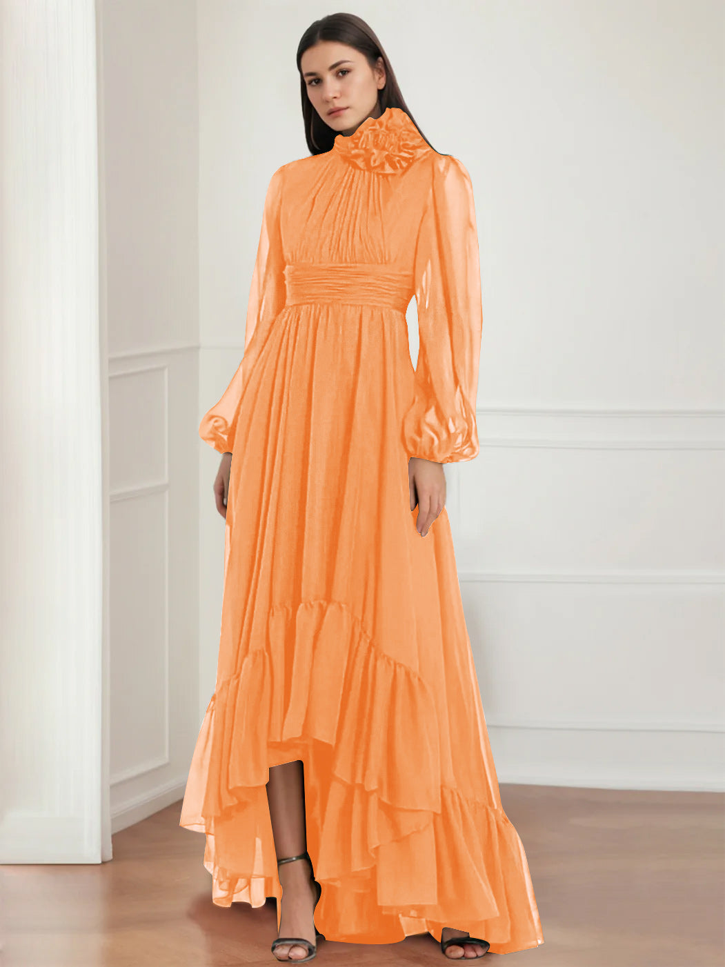 Asymmetrical A Line Jewel Neck Gown with Long Sleeves Ruffles & Floral Details